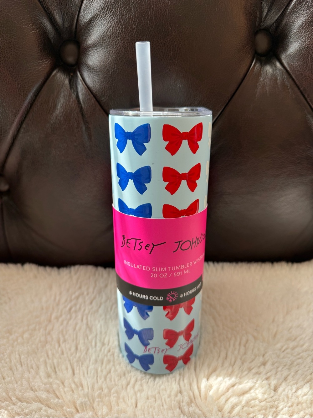 Betsey Johnson New 20oz Bow Print Insulated Tumbler - Red & Blue Bows Patriotic